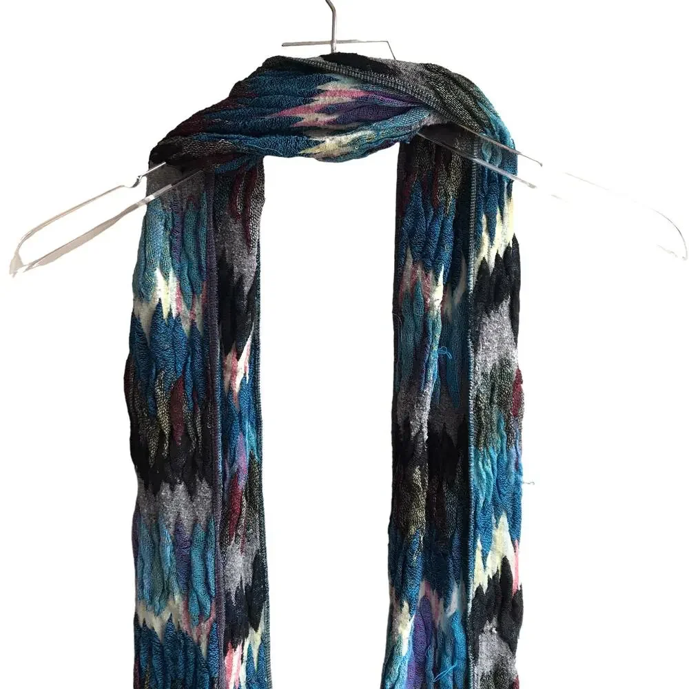 Blue Zig Zag Knit Scarf Fringed Marled Rectangular Wrap Warm Cozy Cabincore